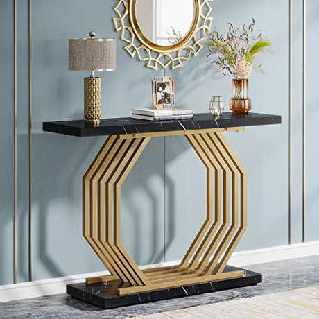 Tribesigns Gold Console Table, Faux Marble Entryway Table Narrow Sofa Table with Geometric Metal Base, 40 Inch Modern Accent Table Entrance Table for Living Room, Hallway, Foyer, Black Tribesigns