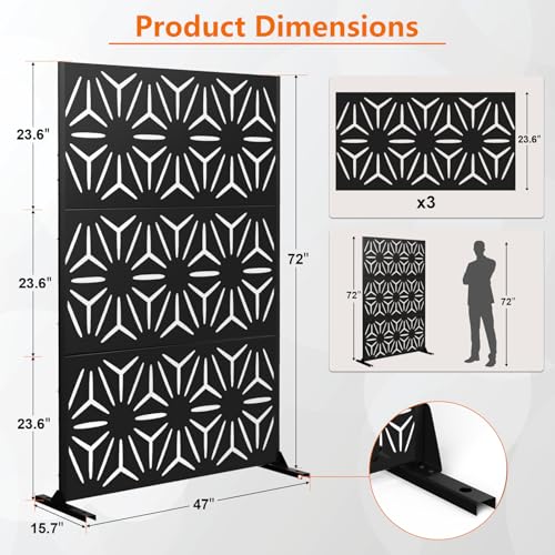 Meyoppm 72" H×48" W Metal Privacy Screen, Outdoor Indoor Privacy Screens with Stand Panels, Free Standing Decorative Privacy Screen for Patio Meyoppm