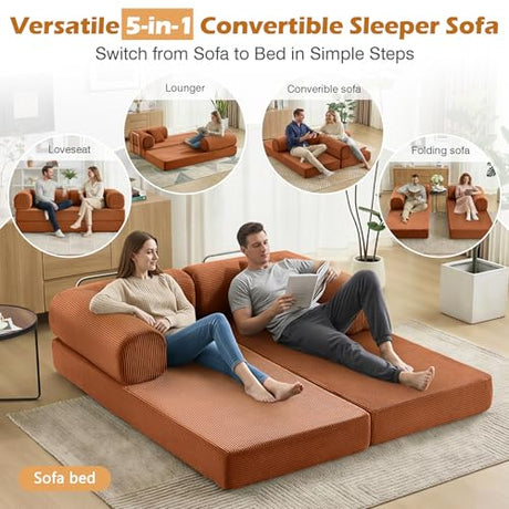 CozySpot Sofa Bed, 79" Convertible Sleeper Sofa with Pull Out Bed, 5-in-1 Folding Corduroy Futon Couch, Modular Loveseat Sofa Bed for Living Room, Bedroom & Apartment, Brown CozySpot