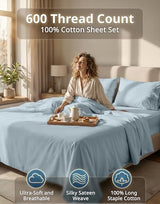 LANE LINEN 100% Cotton Bed Sheets – 600 Thread Count Cooling Sheets Queen, Durable Daily Use Bedding, Value Comfort for Night Rest, Hotel Sateen Finish, Snug Fit 15" Deep Pocket – Blue LANE LINEN