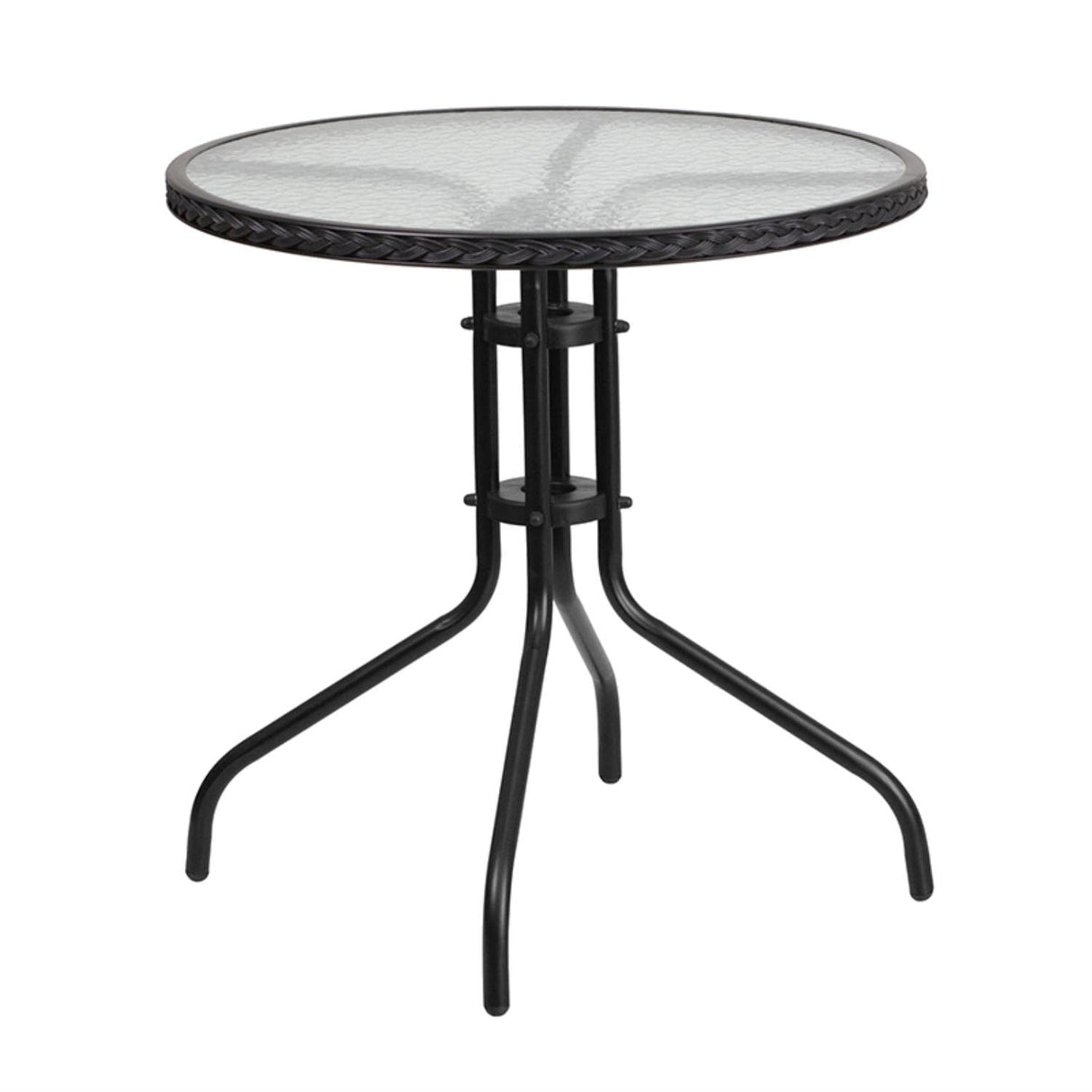 Flash Furniture Lila 28'' Round Glass Metal Table with Black Rattan Edging and 2 Black Rattan Stack Chairs Flash Furniture