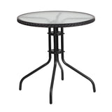 Flash Furniture Lila 28'' Round Glass Metal Table with Black Rattan Edging and 2 Black Rattan Stack Chairs Flash Furniture