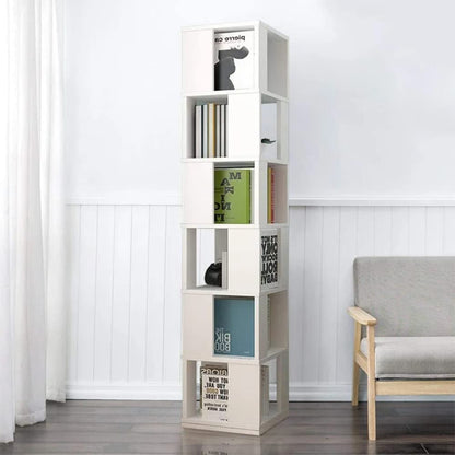 Saadiya 6-Tier 360° Rotating White Floor Standing Bookshelf for Small Spaces - WoodArtSupply