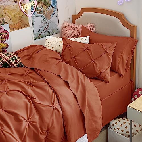Bedsure Twin Comforter Sets - 5 Pieces Pintuck Bedding Sets Twin Size, Pinch Pleat Burnt Orange Bed in a Bag Twin with Comforter, Sheets, Pillowcase & Sham Bedsure