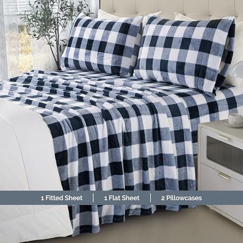 Elegant Comfort Luxuriously Soft 4-Piece Velvet Plush Flannel Sheet Set - Premium Quality - Cozy Warm, Anti-Static, Non Pilling Fuzzy Velvet Flannel Fleece Deep Pocket Sheet Set-Twin XL, Buffalo Navy Elegant Comfort