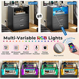 VIAGDO Nightstand with Charging Station and LED Lights, Black Night Stand with Glass Top and Storage Drawers, End Side Tables with Pull-Out Tray and USB Ports, Modern Bedside Tables for Bedroom VIAGDO