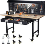 60x22 Inch Garage Workbench with Drawer & Pegboard, Rubberwood Top Work Benches with Wheels & Power Outlet, Adjustable Height Work Table, 2000LBS Max Load Heavy Duty Workbench for Workshop Home Use Loumernhant