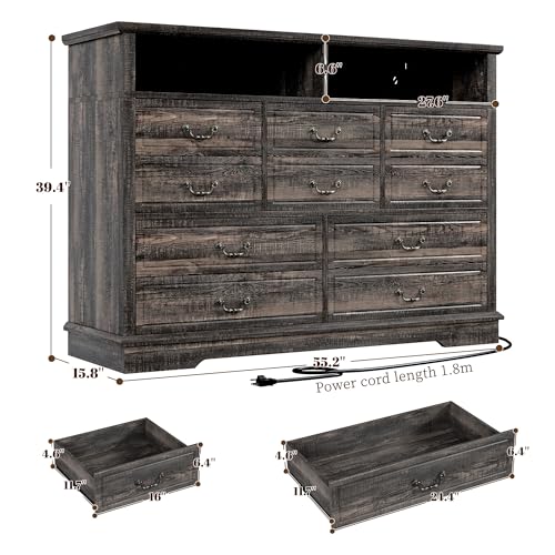 EnHomee 55.2''Wide Dresser for Bedroom Wood Dresser with LED & Power Outlet Vintage 10 Drawer Dressers & Chests of Drawers Long Dresser TV Stand, Closet,Hallway, Dark Rustic Oak - WoodArtSupply