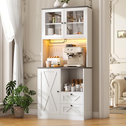 CBBPET 71" Tall Coffee Bar Cabinet with Storage Hutch, Farmhouse Kitchen Pantry Cabinet with LED Lights Microwave Stand and Glass Holder for Home Dining Room Kitchen,White CBBPET