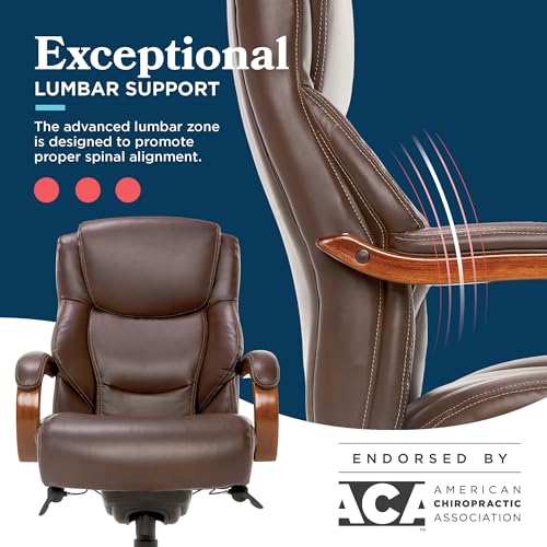 La-Z-Boy Delano Big & Tall Executive Office Chair, Ergonomic Mid-Back Body Pillow Lumbar Support, ComfortCore Memory Foam Cushion, Mahogany Wood Arms & Swivel Base, Bonded Leather, Chestnut Brown La-Z-Boy