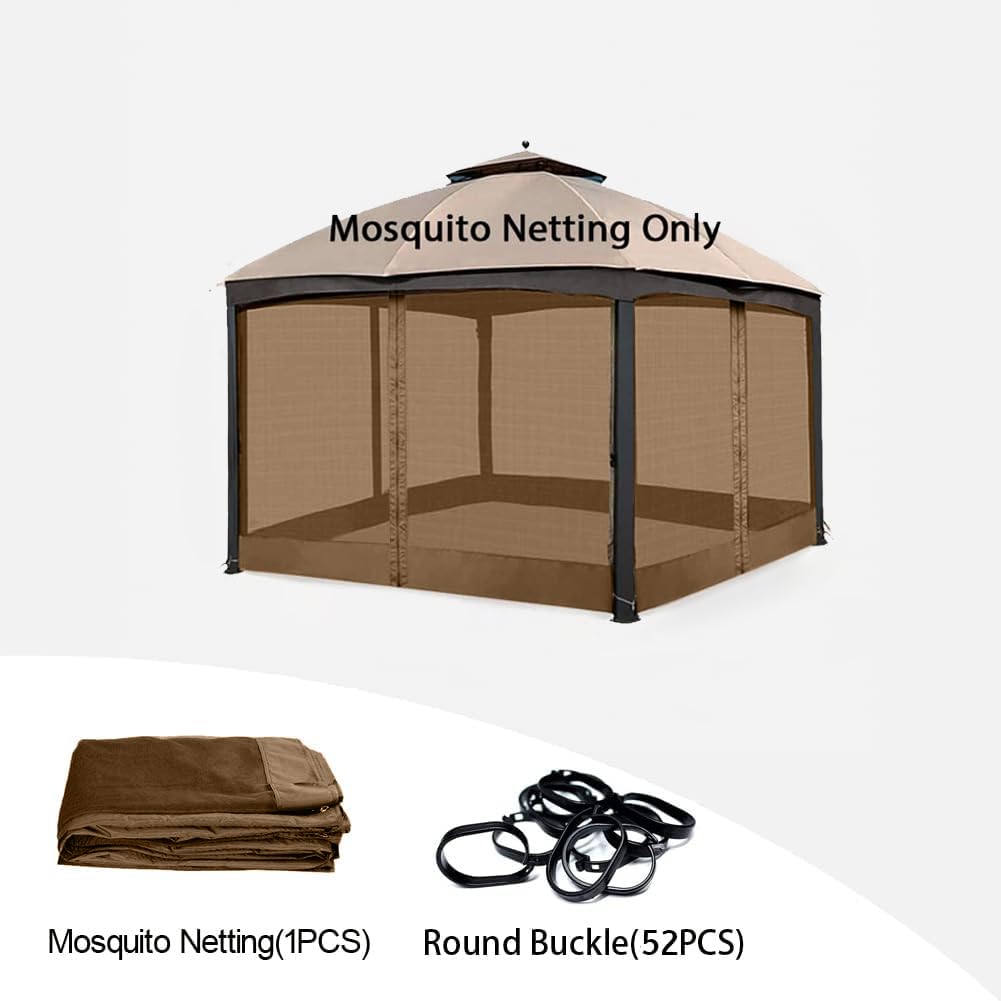 10' x 12' Gazebo Replacement Mosquito Netting, Gazebo Universal Netting Outdoor, 4-Panel Screen Walls Privacy Curtain for Outdoor Patio with Zipper (Brown)