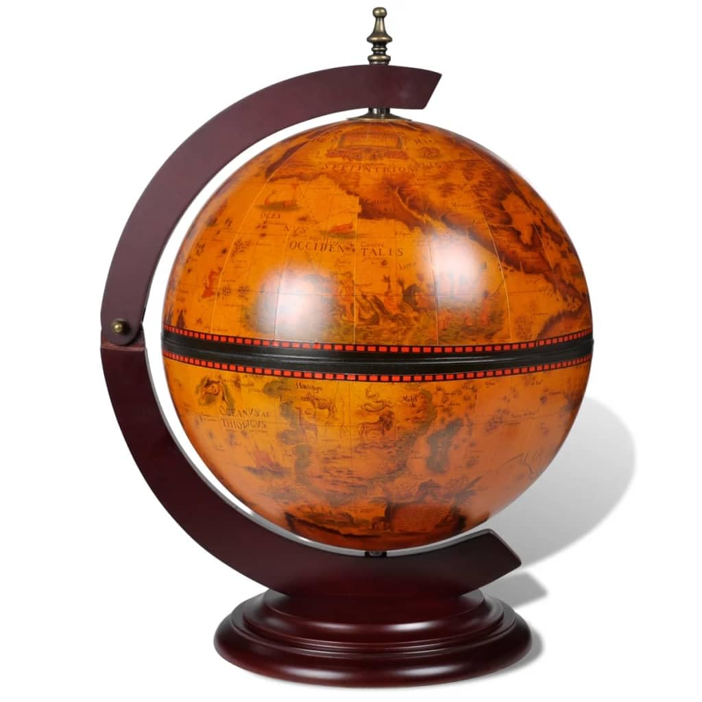 vidaXL Eucalyptus Wood Wine Stand - Rotatable Tabletop Globe Bar with 16th Century Nautical Maps & Antique Frescoes - Brown Farmhouse Style for Home/Office - WoodArtSupply