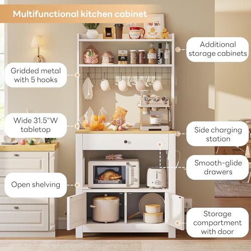 LIKIMIO Baker Rack with Power Outlet & Drawer, Coffee Bar Cabinet with Storage, Farmhouse Microwave Stand with Hutch and 5 Hooks for Kitchen, White LIKIMIO
