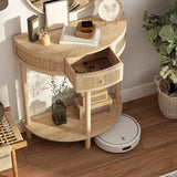 RowyPoey Rattan Half Moon Console Table-Modern Small Entryway Table with Rattan Drawer and Storage Shelf, Boho Farmhouse Wood Sofa Table for Living Room Hallway Foyer Sofa Side, Natural RowyPoey