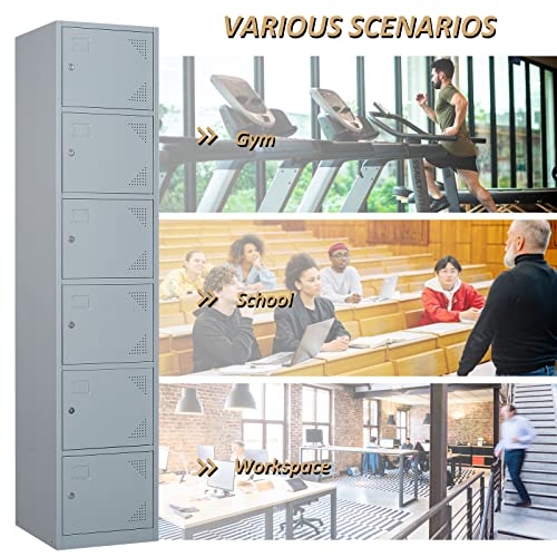 SISESOL Metal Locker Storage Cabinet with Doors and Shelves Metal Lockers with 6 Doors,71" Lockable Small Locker Storage Cabinet for Employees,School, Office, Home, Gym (Gray) SISESOL