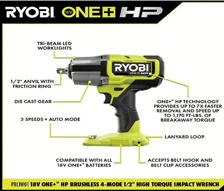 RYOBI - ONE+ HP 18V Brushless Cordless 4-Mode 1/2 in. High Torque Impact Wrench (Tool Only) - PBLIW01B RYOBI