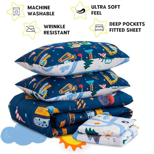 Holawakaka Trucks Tractors Cars Boy Bedding Comforter Set with Sheets, Twin Size Cartoon Construction Car Excavator Print Kids Bed in A Bag 5-Piece, Boys Reversible Dorm Bed Sets (Navy Blue Twin) Holawakaka