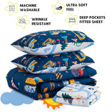Holawakaka Trucks Tractors Cars Boy Bedding Comforter Set with Sheets, Twin Size Cartoon Construction Car Excavator Print Kids Bed in A Bag 5-Piece, Boys Reversible Dorm Bed Sets (Navy Blue Twin) Holawakaka