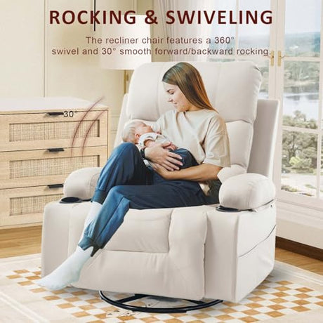 KCQ Rocker Recliner Chair with Heat and Massage, Oversized Manual Recliner Chair with Cup Holder, Faux Leather Swivel Rocking Recliner Glider Chair for Nursery, Beige KCQ