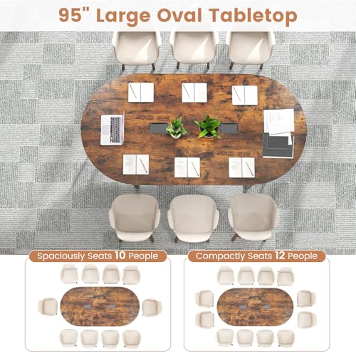 Tangkula 95" Conference Table, Large Oval Meeting Table for 10-12, 2 Cable Management Grommets, Sturdy Metal Legs, Industrial Business Training Seminar Table for Office Conference Room (Rustic Brown) Tangkula