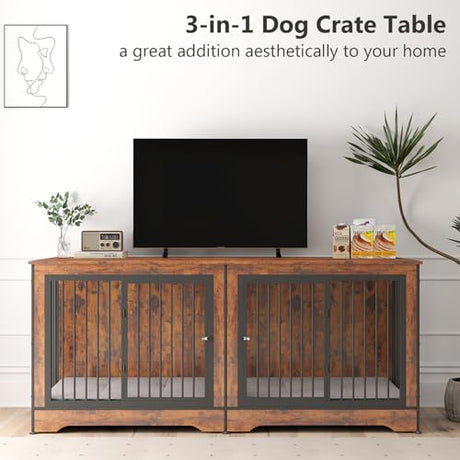 Rovibek Double Dog Crate, TV Stand, 75 Inch Dog Crate Furniture for 2 Dogs, Dog Kennel Indoor with Double Doors, Dog Cage with Removable Divider for Large Medium Dogs, Brown Rovibek