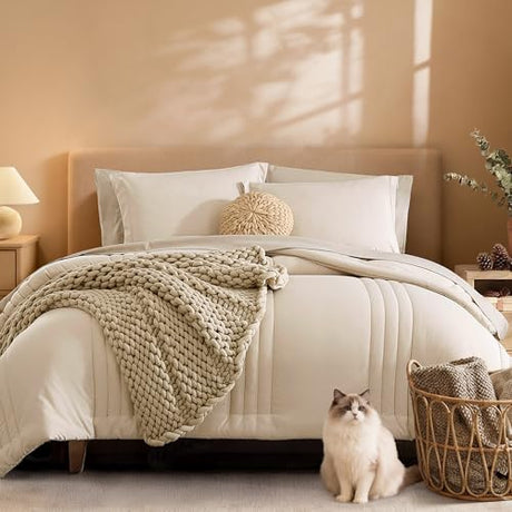 Monbix King Size Comforter Set - 7 Pieces Bed in a Bag King, Apricot Beige Bedding Sets with Comforter, All Seasons Comforter Bed Set with Sheets, Pillowcases & Shams Monbix