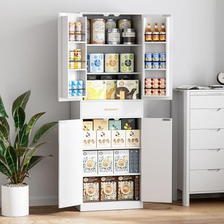 GTFURNI 71" Tall Kitchen Pantry Storage Cabinet with 4 Doors & Drawer, Adjustable Shelves, Farmhouse Cupboard, Freestanding Cabinet with Door Shelves for Dining Room/Living Space, White GTFURNI