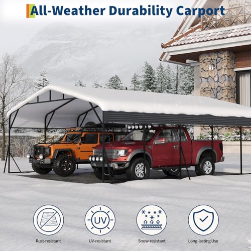 GarveeTech Metal Carport, 20x25 FT Outdoor Carport Canopy with Reinforced Base and Galvanized Steel Roof, Heavy Duty Garage Car Shelter Shade for SUV, Truck, Boats GarveeTech
