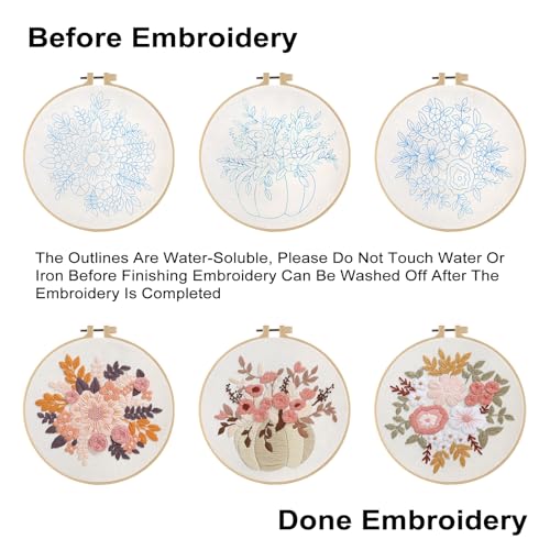 Sivilife Embroidery Kit for Beginners, 3 Sets Stamped Cross Stitch Kits for Beginner, Floral Pattern Embroidery Starter Kits for Adults with Embroidery Hoop Instructions Threads and Needles Scissors