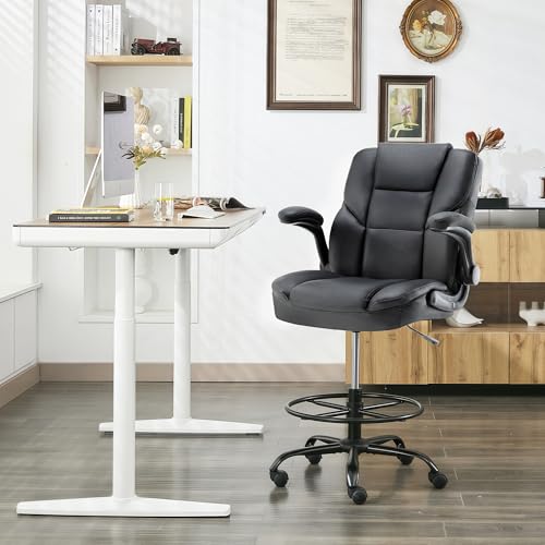 Drafting Chair 500Lbs, Tall Office Chair for Standing Desk, High PU Leather Executive Office Chair with Flip-up Armrests, Ergonomic High Chair with Adjustable Foot Ring, Comfy Stool Chairs, Black Sofetura