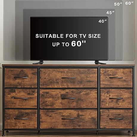 EnHomee Dresser TV Stand with Drawers, Media Console Table for 60 '', TV Console with 9 Drawers for Bedroom, Entertainment Center with Sturdy Metal Frame & Wood Top,Living Room,Closet, Rustic Brown EnHomee