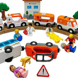 Magnetic Trains Cars Playset Wooden Train Track Accessories Train Set for Toddlers 3-5 Wooden Train Sets for Boys Ages 2-4-7 (Ambulance B (with Light and Sound)) DSHMIXIA