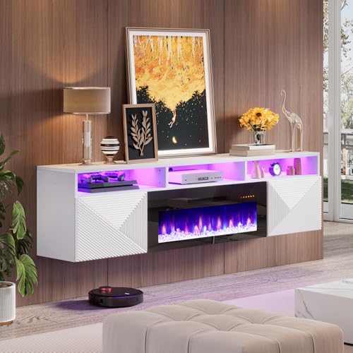 LUXOAK 80 inch Floating TV Stand with 40" Electric Fireplace, Wall Mounted Electric Fireplace Entertainment Center with Storage Space, TV Stand for Living Room for TVs Up to 90", White&Black LUXOAK