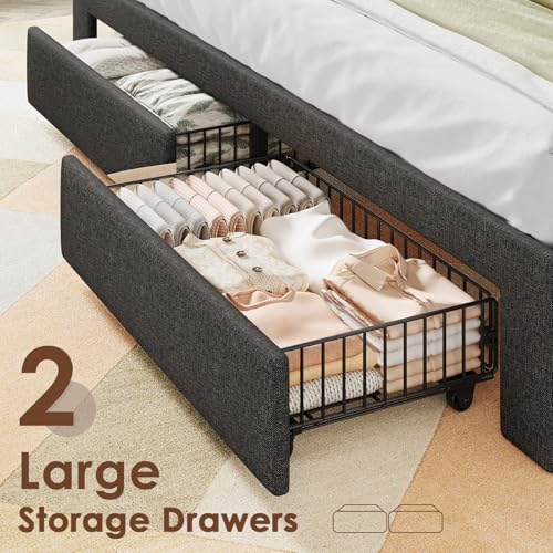 Driftalia King Size Bed Frame with 2-Tier Storage Headboard, Upholstered King Bed Frame with 2 Drawers, Charging Station and LED Lights, No Box Spring Needed, Easy Assembly - Dark Grey Driftalia