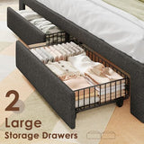 Driftalia King Size Bed Frame with 2-Tier Storage Headboard, Upholstered King Bed Frame with 2 Drawers, Charging Station and LED Lights, No Box Spring Needed, Easy Assembly - Dark Grey Driftalia