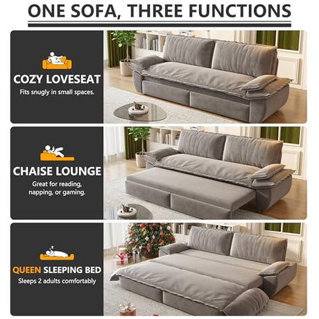 UPYOOE 70.1" Futon Sofa Bed Queen Size, Pull Out Bed, 3-in-1 Convertible Sleeper Sofa with 2 Soft Pillows, Modern Velvet Futon Couch for Living Room, Small Space, Apartment, Bedroom, Grey UPYOOE