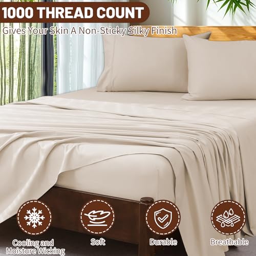Overket Extra Deep Pocket King Sheets 18-24 Inch 100% Egyptian Cotton 1000 Thread Count Sateen Weave Soft Breathable 4 Pieces（King，Linen） Overket