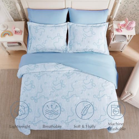 Geniospin Light Blue Full Comforter Set for Girls- 7 Pieces Bowknot Jacquard Bed in A Bag Full Bedding Sets with Sheets, Pillowcases & Shams, All Season Kids Comforter Set Geniospin