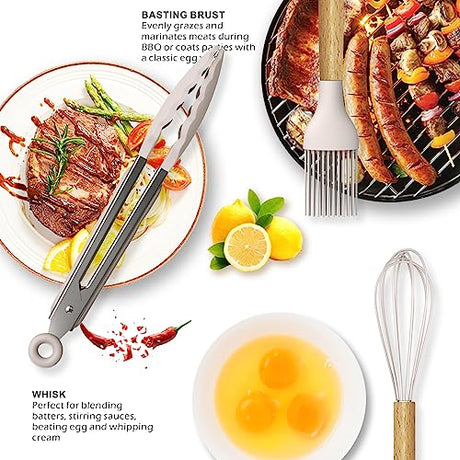 Silicone Cooking Utensils Set - 446°F Heat Resistant Silicone Kitchen Utensils for Cooking,Kitchen Utensil Spatula Set w Wooden Handles and Holder, BPA FREE Gadgets for Non-Stick Cookware (Khaki) oannao