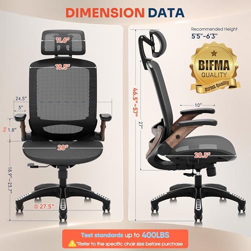 GABRYLLY Ergonomic Office Chair, High Back Home Desk Chair with Headrest, Flip-Up Arms, 90-120° Tilt Lock and Wide Cushion, Big and Tall Mesh Chairs for Man Woman, Black Task Chair(Dark Woodgrain) GABRYLLY