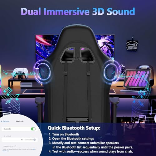 Mr IRONSTONE Gaming Chair, Video Game Chair with Bluetooth Speakers and Led Lights, Office Chair with Massage and 3D Armrest High Back Computer Racing Chair, Cheap Gaming Chairs for Adults,Black/White Mr IRONSTONE