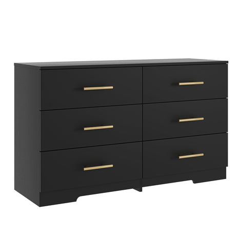 Vibe & Dine Black Dresser for Bedroom with Wide Storage, Modern 6 Drawer Dresser with Gold Handles, Wooden Chest of Drawers for Living Room Vibe & Dine