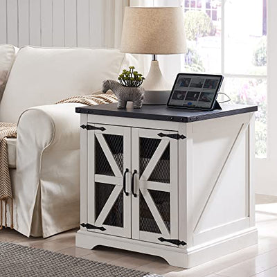JXQTLINGMU Farmhouse End Table, 24" Large Sofa Side Table with Charging Station, Mesh Barn Door, and Adjustable Storage Shelf, Rustic Wood Square Nightstand for Living Room, Bedroom, Office, White