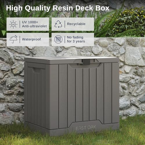 EAST OAK Outdoor Storage Box, 31 Gallon Deck Box Indoor and Outdoor Use, Waterproof Resin Storage Bin with Latch for Patio Cushions, Gardening Tools, Outdoor Toys, UV Resistant, Deep Grey EAST OAK