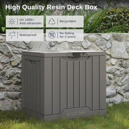 EAST OAK Outdoor Storage Box, 31 Gallon Deck Box Indoor and Outdoor Use, Waterproof Resin Storage Bin with Latch for Patio Cushions, Gardening Tools, Outdoor Toys, UV Resistant, Deep Grey - WoodArtSupply