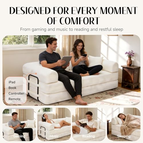 KSTNLUXQ 79" Corduroy Sofa Bed, Boneless Couch in a Box with 2 Pillows, High-Density Foam 4-in-1 Foldable Sleeper Futon Loveseat for Small Spaces, No Assembly, Side Pockets, Round Arm White KSTNLUXQ