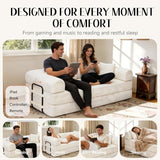 KSTNLUXQ 79" Corduroy Sofa Bed, Boneless Couch in a Box with 2 Pillows, High-Density Foam 4-in-1 Foldable Sleeper Futon Loveseat for Small Spaces, No Assembly, Side Pockets, Round Arm White KSTNLUXQ