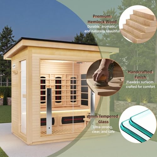 3-Person Far Infrared & Steam Dual-System Sauna Room, Outdoor Canadian Hemlock Wood Sauna, WiFi Control, Red Light Therapy, 11 Heaters & 4.5KW Harvia Stove, Left Door, 220-240V ZONEMEL