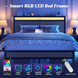 Fluest Queen Bed Frame with Headboard & Footboard, Bed Frame with Built-in Charging Station & LED Light, Storage Shelf, Noise-Free, No Box Spring Needed, Easy Assembly, Rustic Grey Fluest