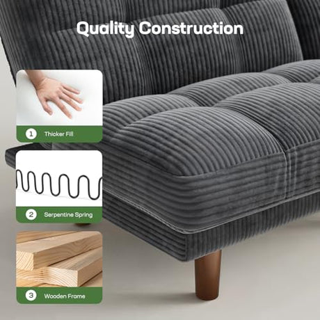 Marsail 65" Futon Sofa Bed, Convertible Small Recliner Sleeper Sofa Bed with Adjustable Backrest, Corduroy Loveseat Futon Couch for Small Apartments, Living Room Office, Guest Room (Grey) Marsail